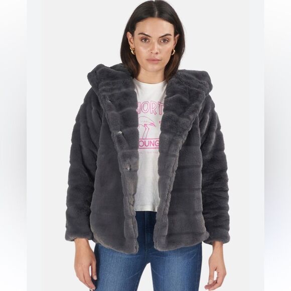 Apparis Goldie 3 Short Faux Vegan Fur Oversized Hood Jacket Carbon Gray S - Picture 1 of 8